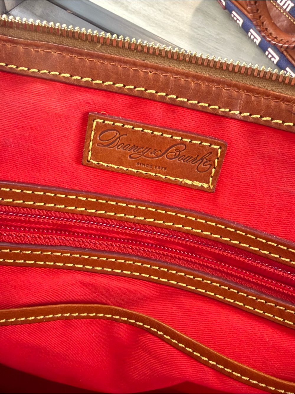 Dooney & Bourke Navy NY Giants Logo Satchel with Brown Trim and Red Interior - Picture 13 of 14